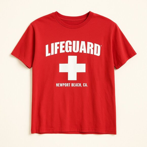 #13 LIFEGUARD | Red & White Newport Beach Lifeguard Tee Shirt - MEdium 20 26 - Picture 1 of 5